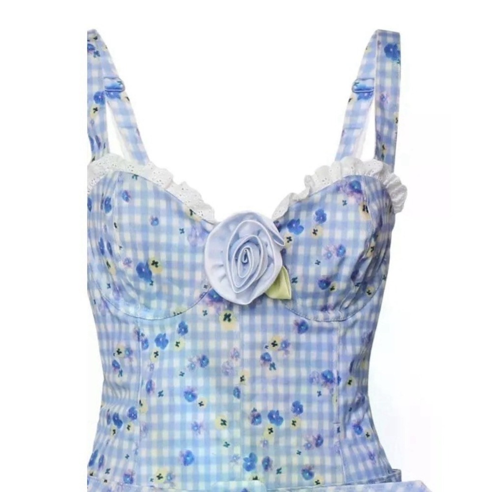 For Love & Lemons NEW $461 Brigitta Rose-Embellished Gingham Mini Dress Small - Picture 3 of 8
